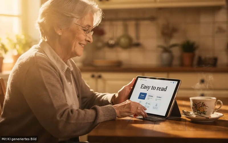 &Auml;ltere Frau nutzt ein Tablet mit gut lesbarer Website &ndash; Barrierefreiheit im Web