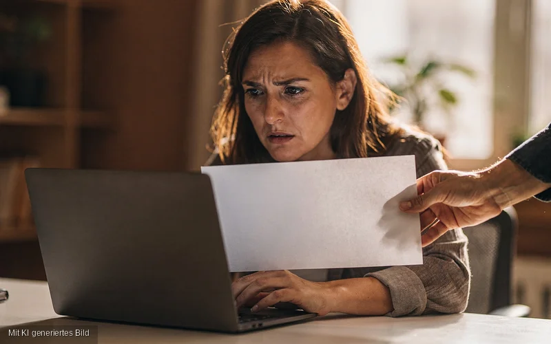 Frau am Laptop wird mitten bei der Arbeit durch ein Blatt Papier unterbrochen – Metapher für den Cookie-Banner