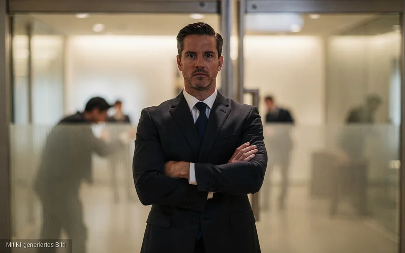 Mann im Anzug steht mit verschränkten Armen vor einer Glastür – Metapher für Sicherheits-Header als Türsteher