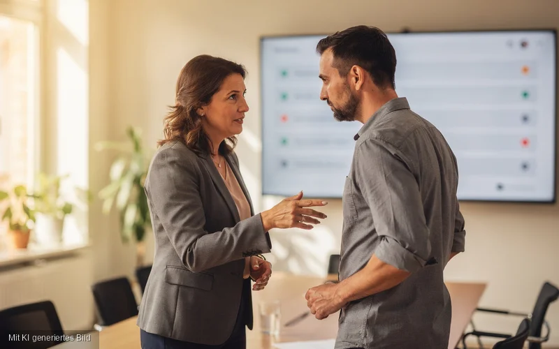 Datenschutzbeauftragte und Entwickler besprechen gemeinsam eine Datenschutz-Checkliste vor einem Wandbildschirm