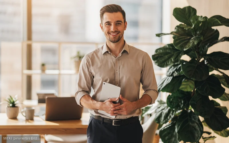 Junger Geschäftsmann mit Tablet in nachhaltig eingerichtetem Büro