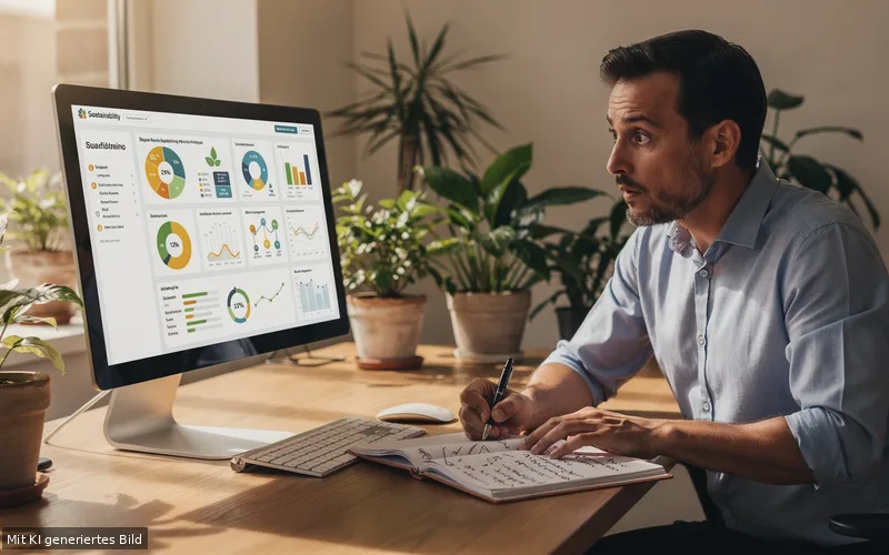 Mann analysiert Nachhaltigkeits-Dashboard einer Website