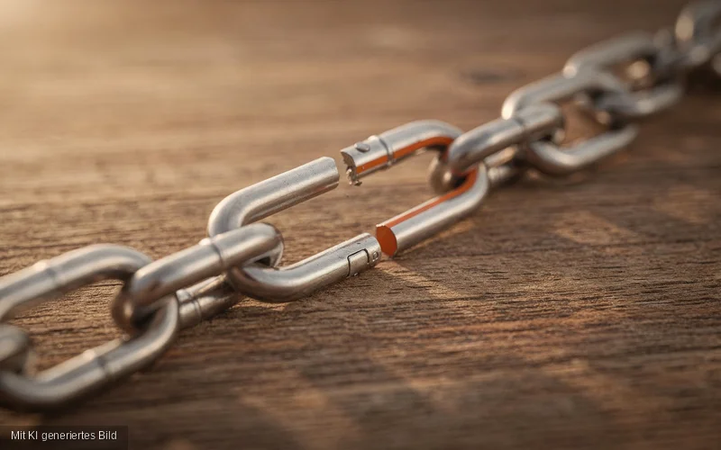 Metallkette mit einem offenen, unterbrochenen Glied – Sinnbild für eine zerrissene Vertrauenskette