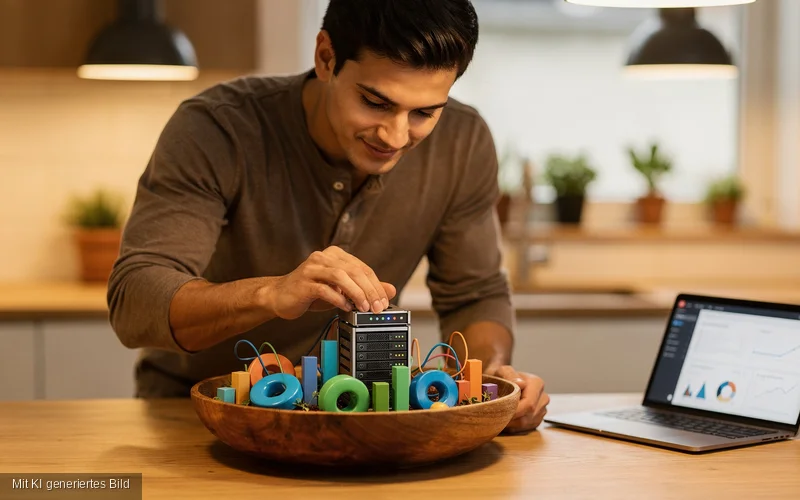 Entwickler platziert einen kleinen Server in eine Holzschale voller Analytics-Elemente – Umami Analytics als Open-Source-Webanalyse