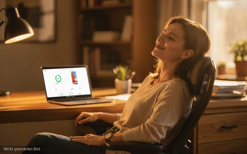 Erleichterte Frau am Schreibtisch nach erfolgreichem Website-Datenschutz-Check