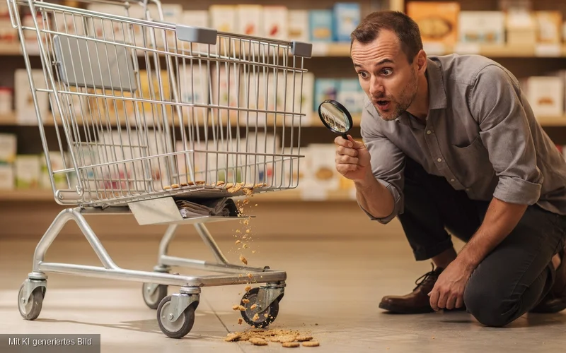 Shop-Betreiber entdeckt mit der Lupe überraschend Cookies an seinem Einkaufswagen – Sinnbild für die in WooCommerce ungefragt gesetzten Cookies